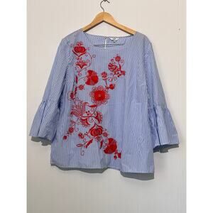 Crown & IVY Embroidered Floral Striped Blouse with Bell sleeves XL